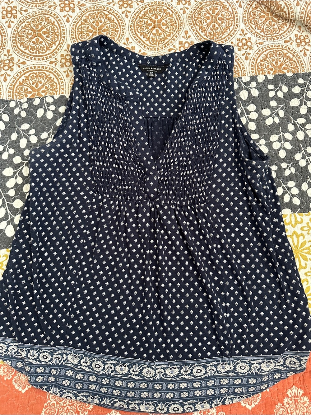 Lucky Brand Navy Printed Smocked Tank Top